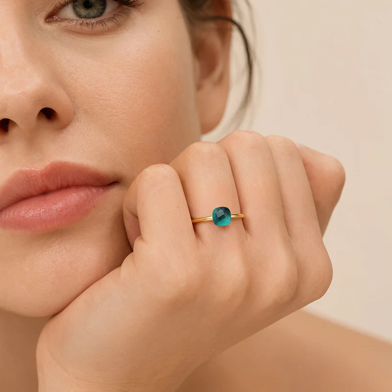 Jeulia Gold Cushion Cut Solitaire London Blue Topaz Ring