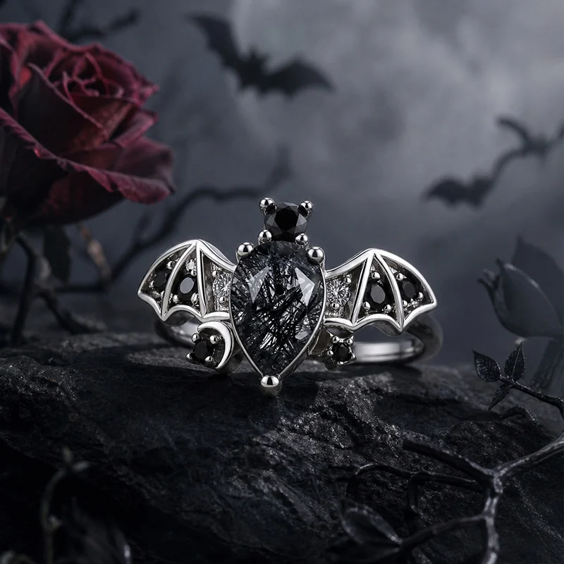 Jeulia Gothic Black Rutilated Quartz Bat Ring Sterling Silver