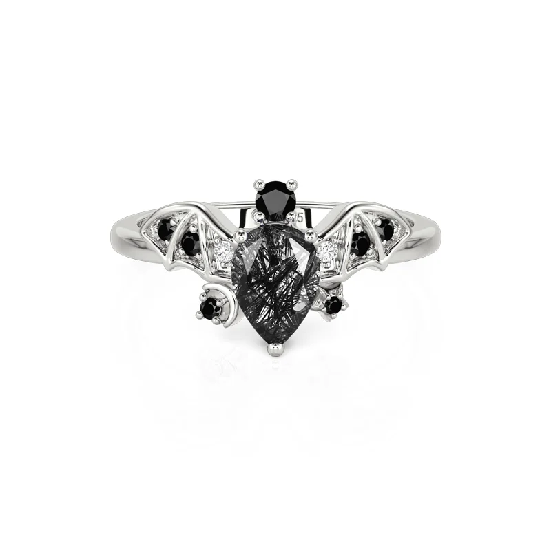 Jeulia Gothic Black Rutilated Quartz Bat Ring Sterling Silver