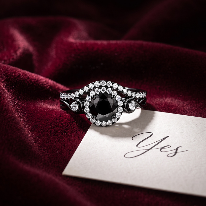 Jeulia Black Twist Infinity Halo Round Cut Bridal Ring Set