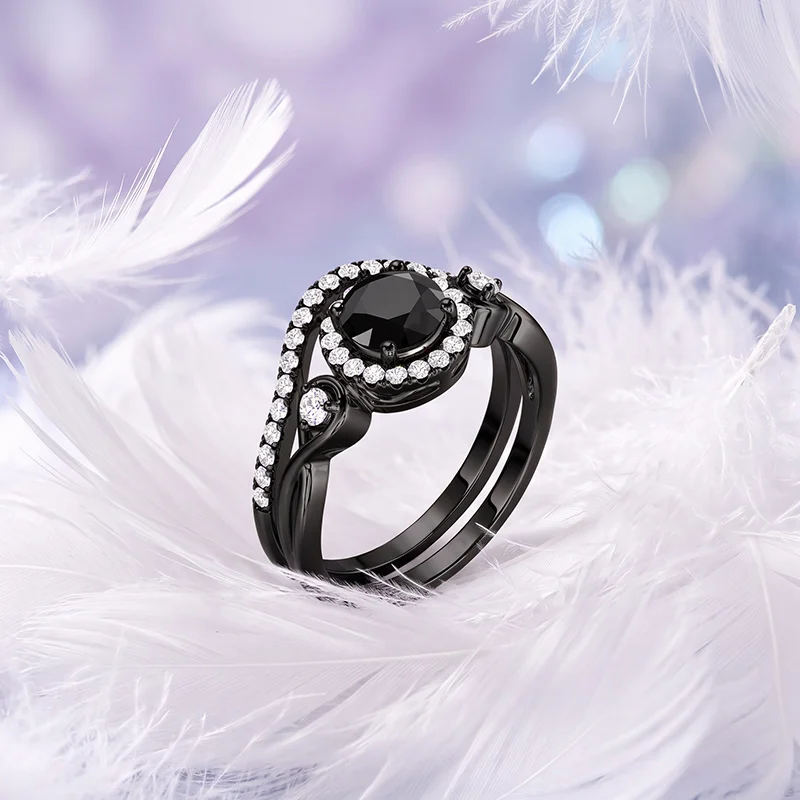 Jeulia Black Twist Infinity Halo Round Cut Bridal Ring Set