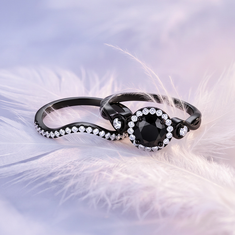 Jeulia Black Twist Infinity Halo Round Cut Bridal Ring Set