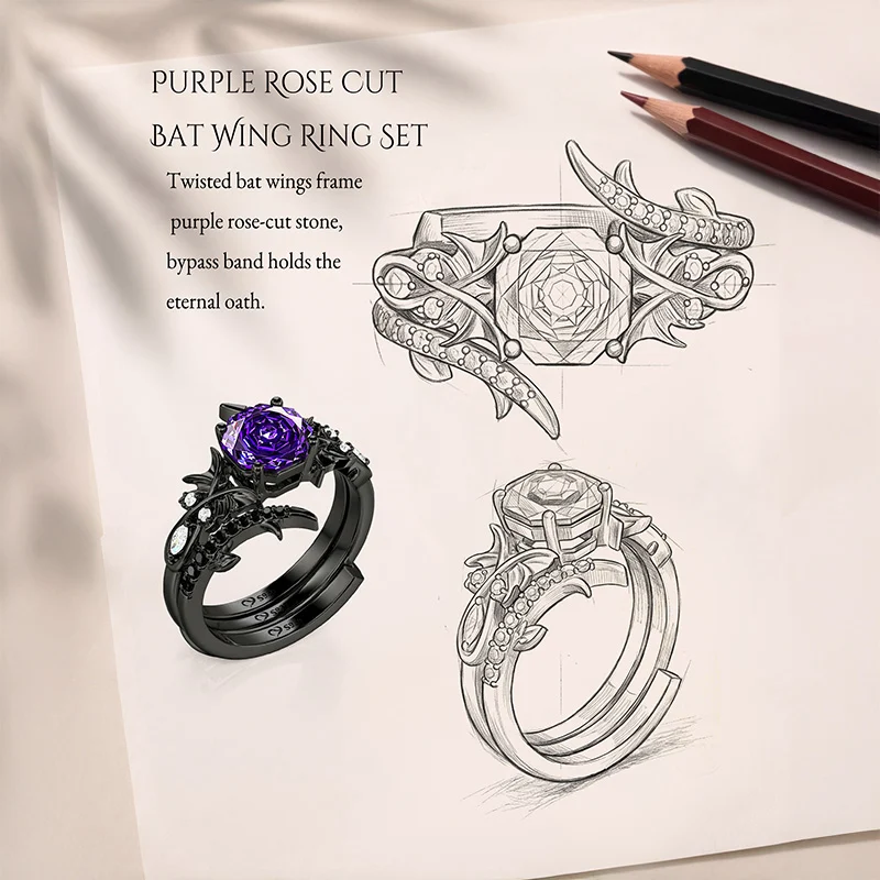 Jeulia Until Death Purple Rose Cut Bat Wing Bridal Ring Set