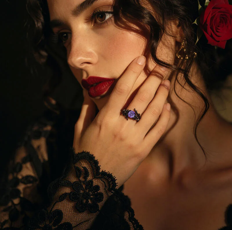 Jeulia Until Death Purple Rose Cut Bat Wing Bridal Ring Set