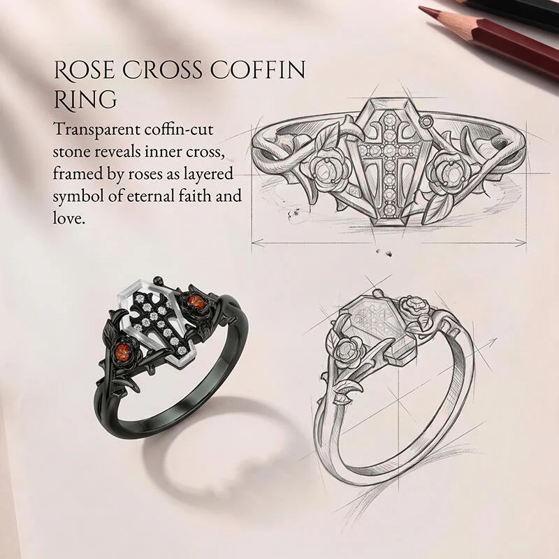 Jeulia Until Death Gothic Black Rose Cross Coffin Ring