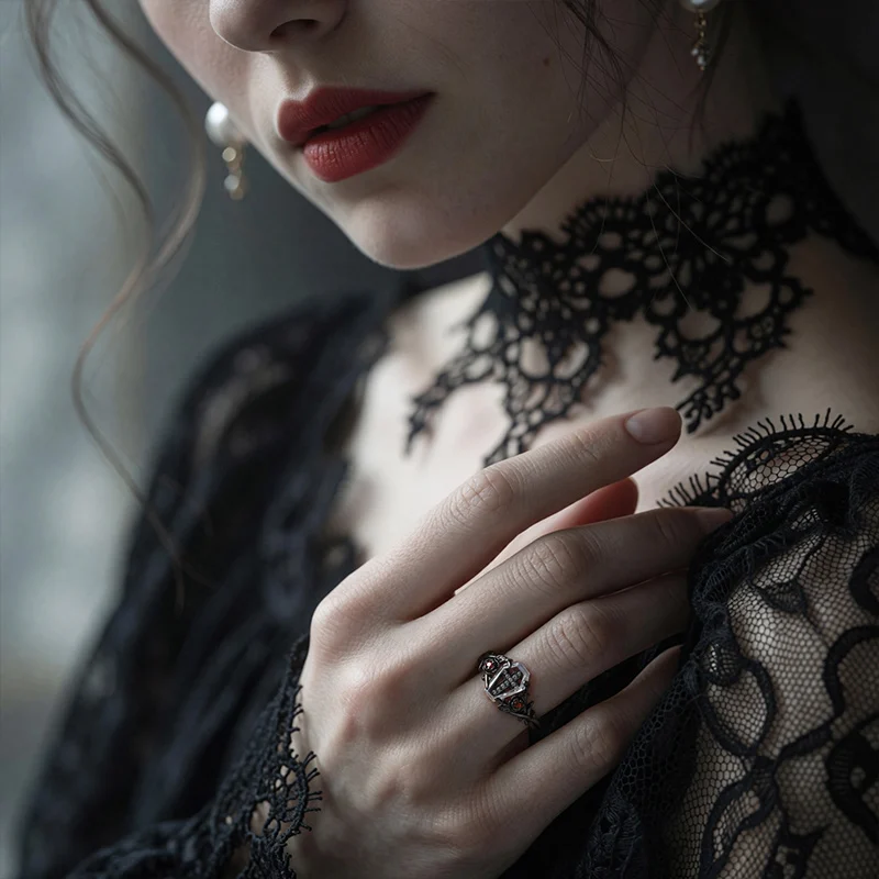 Jeulia Until Death Gothic Black Rose Cross Coffin Ring