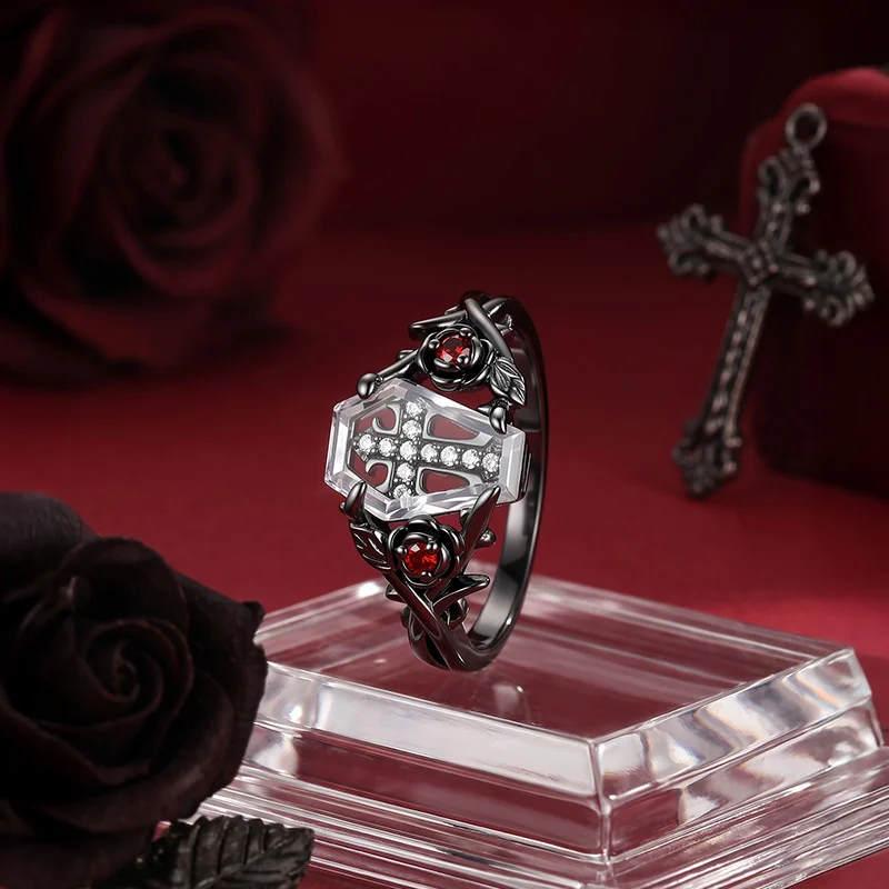 Jeulia Until Death Gothic Black Rose Cross Coffin Ring