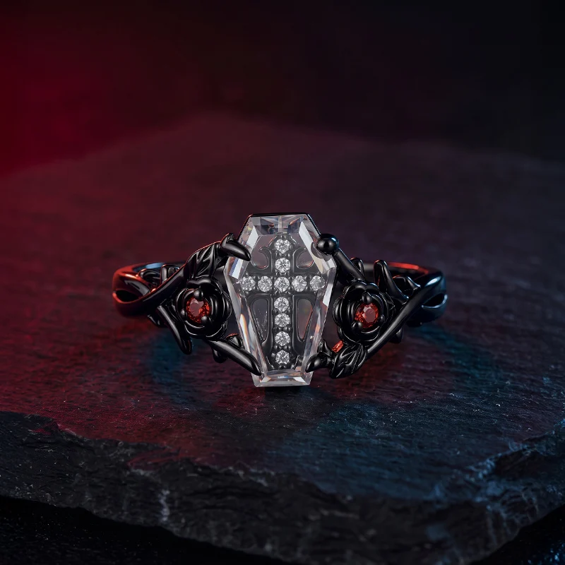 Jeulia Until Death Gothic Black Rose Cross Coffin Ring