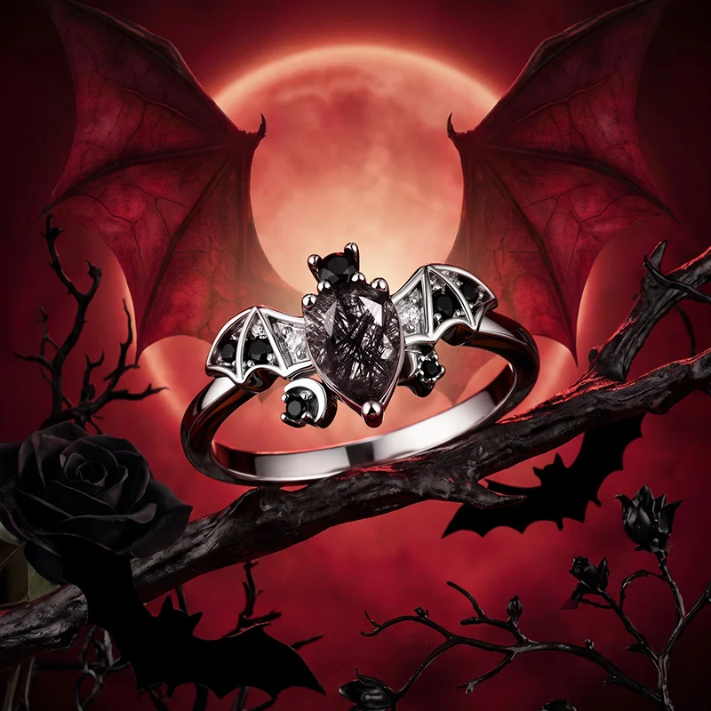 Jeulia Gothic Black Rutilated Quartz Bat Ring Sterling Silver