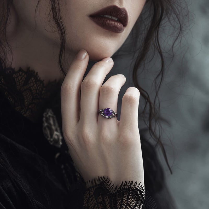 Jeulia Black Vine Purple Rose Cut Engagement Ring Set