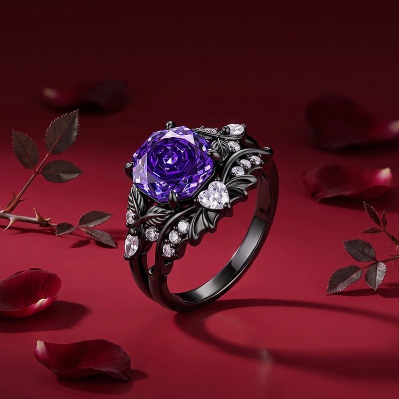 Jeulia Black Vine Purple Rose Cut Engagement Ring Set