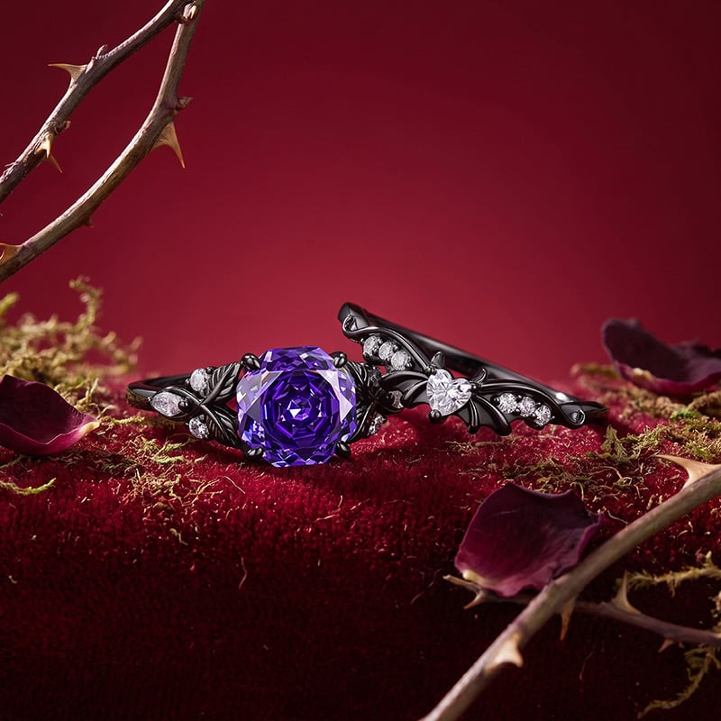 Jeulia Black Vine Purple Rose Cut Engagement Ring Set