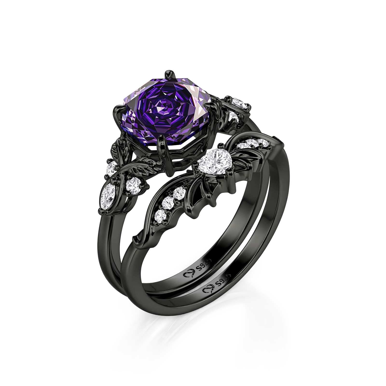 Jeulia Black Vine Purple Rose Cut Engagement Ring Set