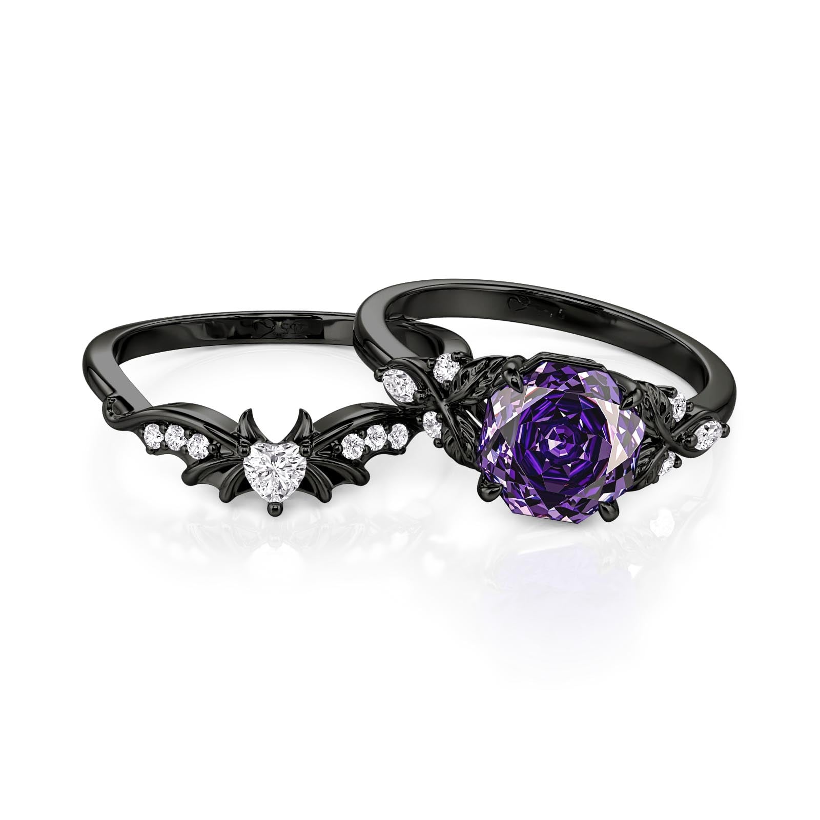 Jeulia Black Vine Purple Rose Cut Engagement Ring Set