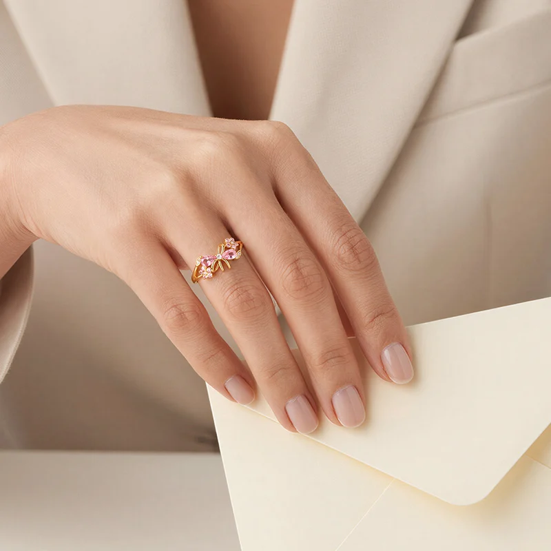 Jeulia Fashion Gold Pink Bow Ring for Women