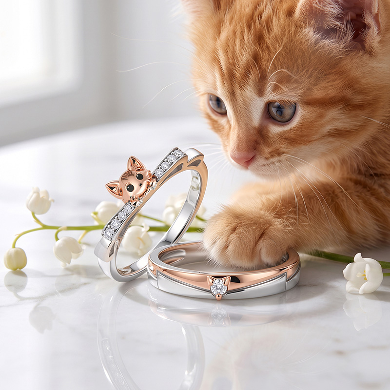 Jeulia Two Tone Cat Matching Couple Ring Set Sterling Silver