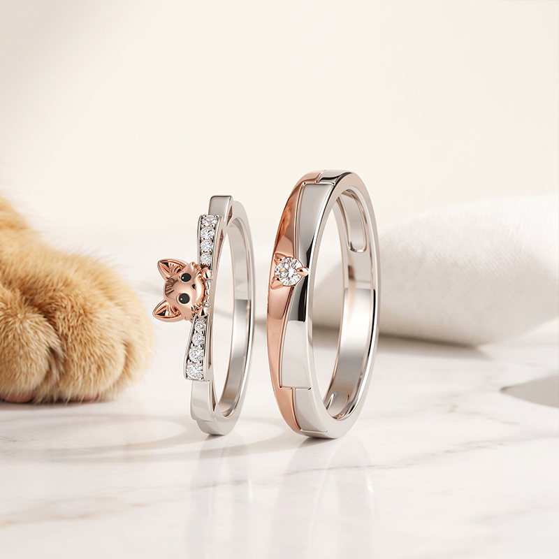 Jeulia Two Tone Cat Matching Couple Ring Set Sterling Silver