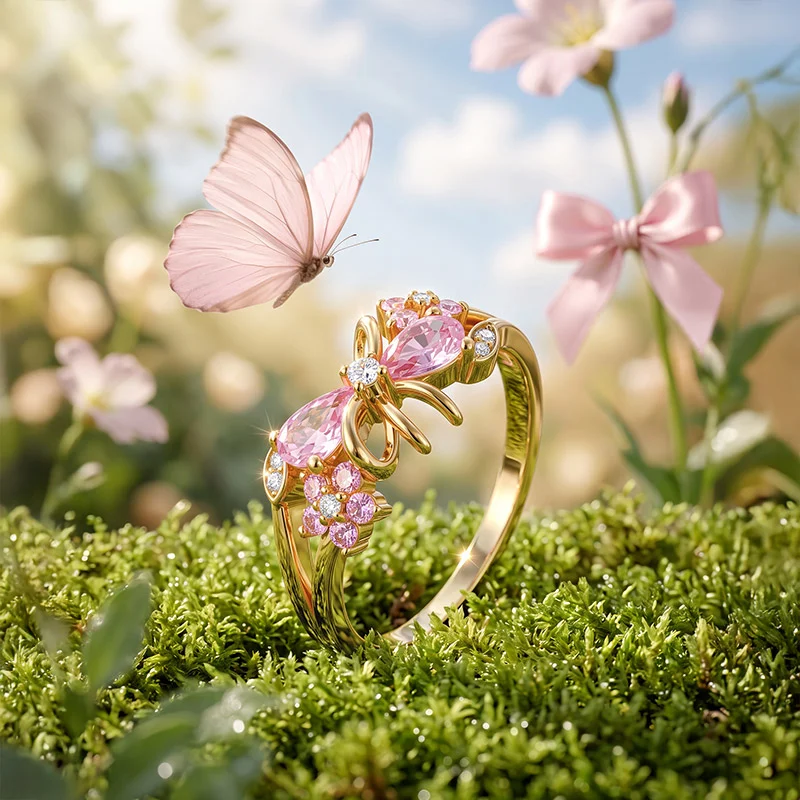 Jeulia Fashion Gold Pink Bow Ring for Women
