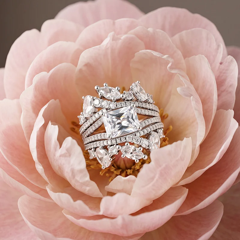 Jeulia East-West Radiant Cut Bridal Ring Set Sterling Silver