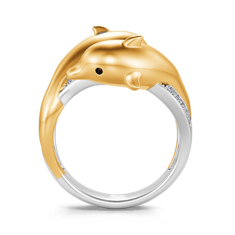 Helirose "Golden Embrace" Two Dolphins Sterling Silver Ring