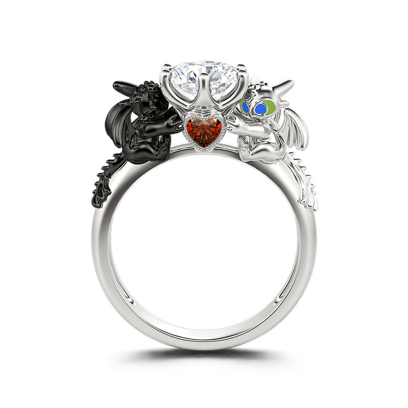 Helirose Hug Me "Strongest Romance" Dragon Couple Round Cut Sterling Silver Ring
