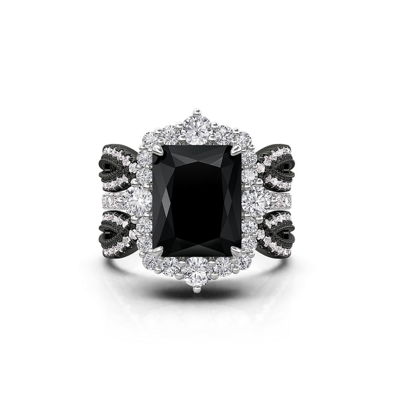 Helirose Twisted Interchangeable Black Radiant Halo Engagement Ring Set