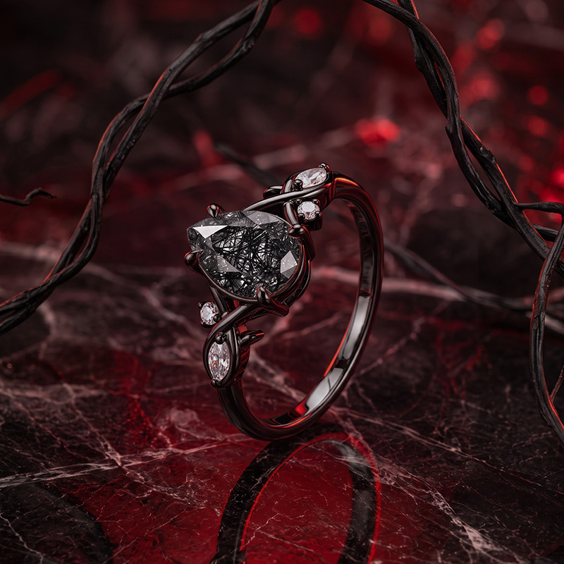 Jeulia Gothic Pear-Shaped Black Rutilated Quartz Ring