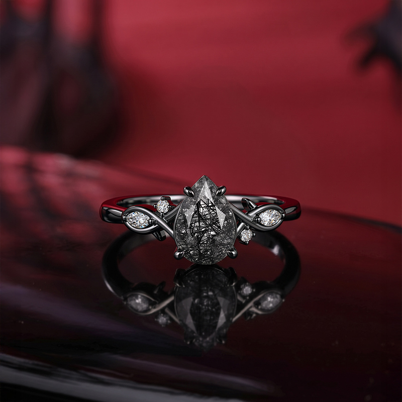 Jeulia Gothic Pear-Shaped Black Rutilated Quartz Ring