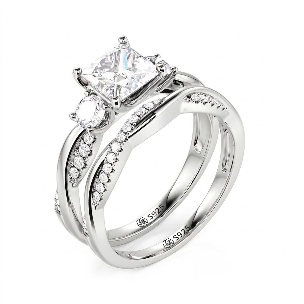Jeulia Classic Twist Round Three-Stone Ring Set