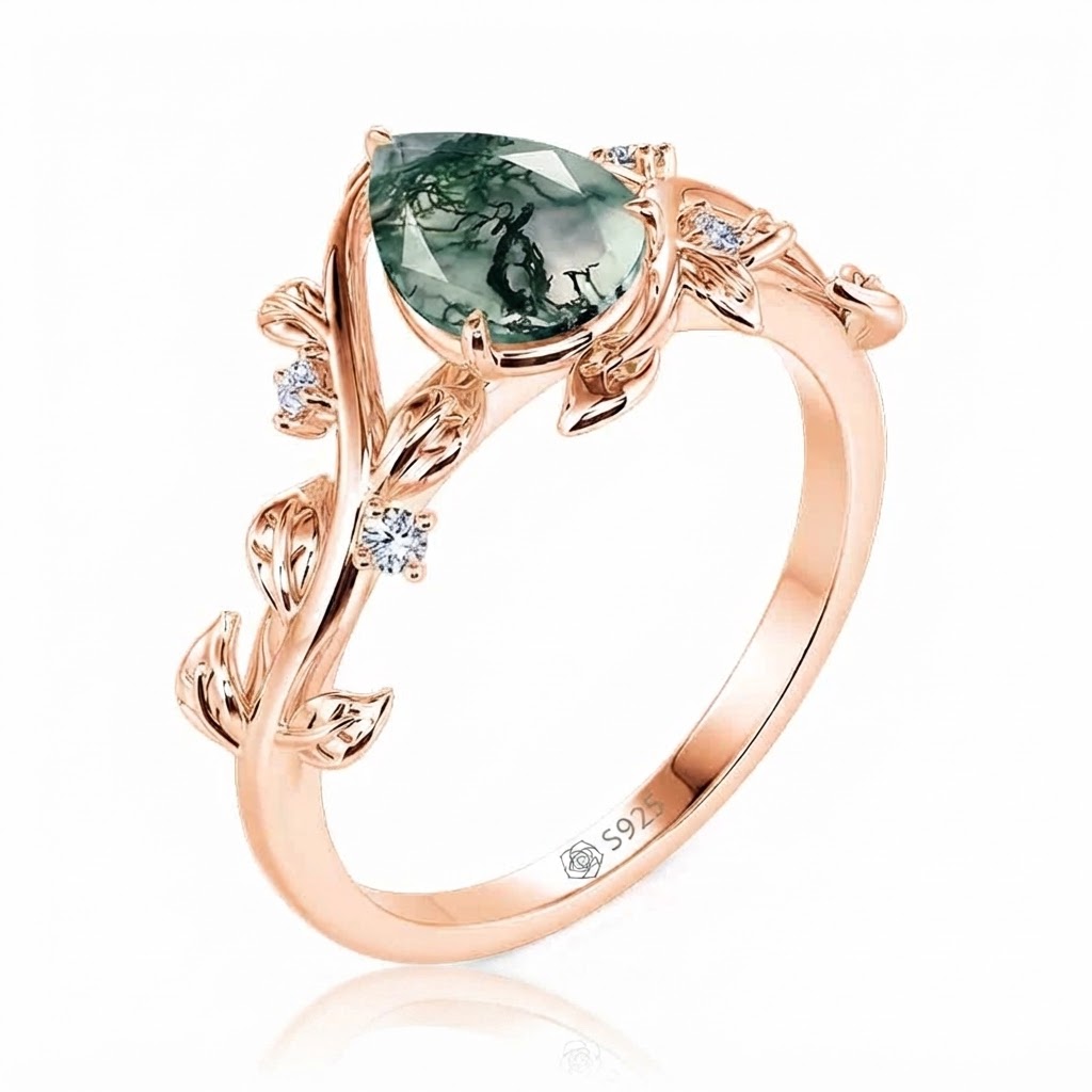 Jeulia Gothic Black Pear Shaped Moss Agate Engagement Ring