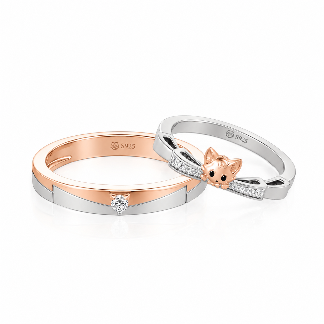 Helirose Two Tone Cat Matching Couple Ring Set Sterling Silver