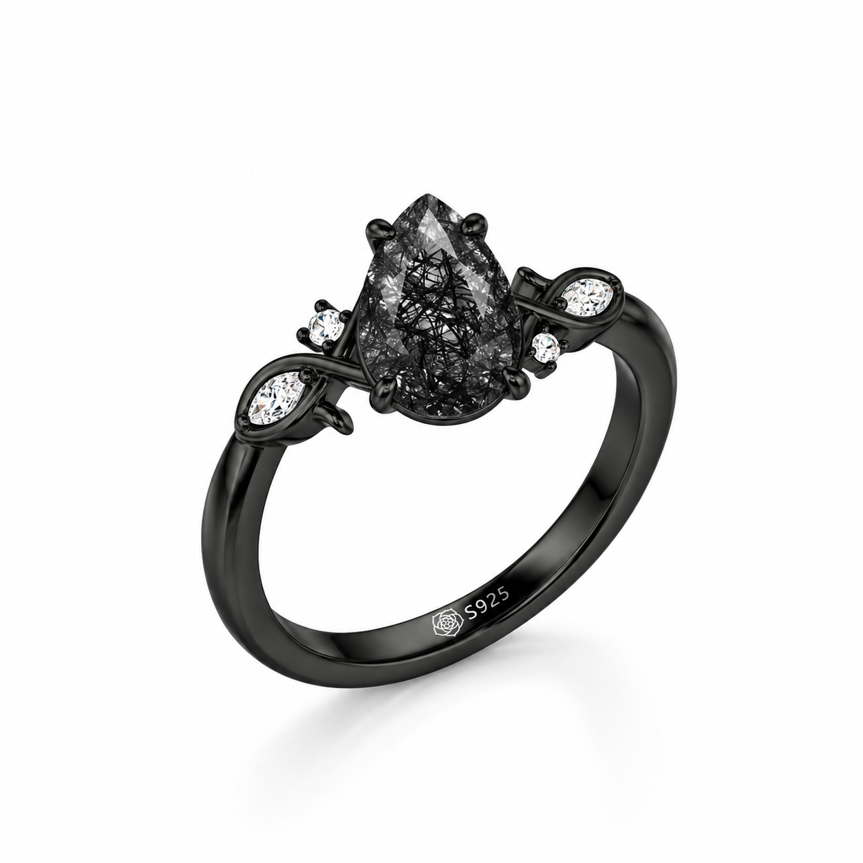Helirose Gothic Pear-Shaped Black Rutilated Quartz Ring