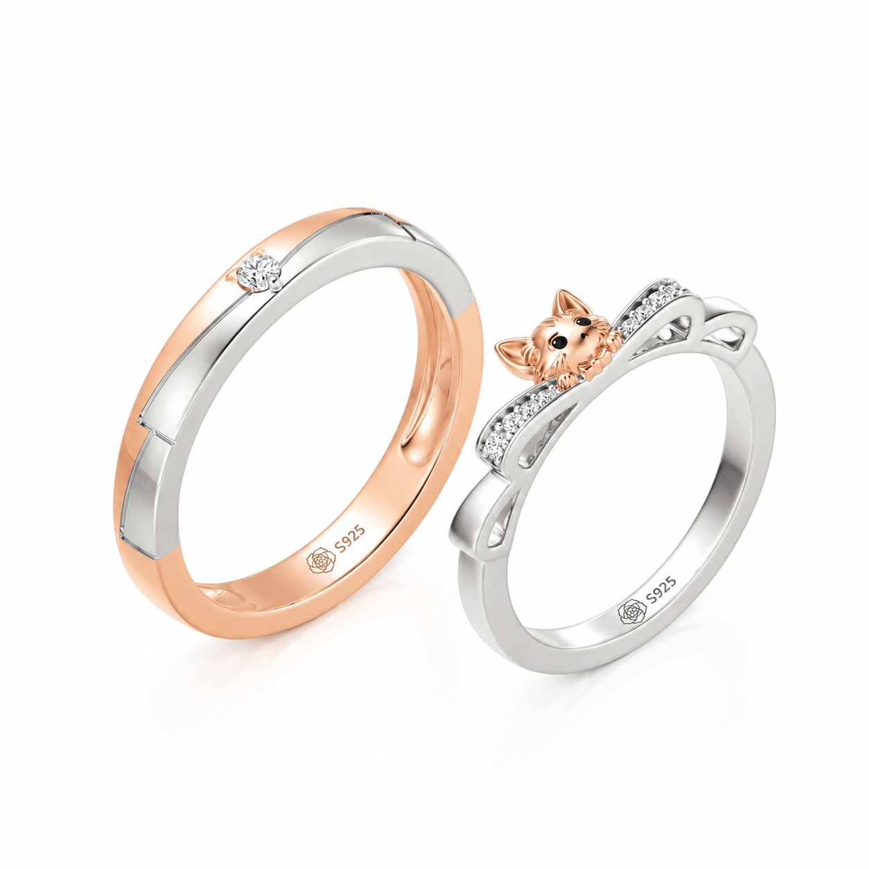 Helirose Two Tone Cat Matching Couple Ring Set Sterling Silver