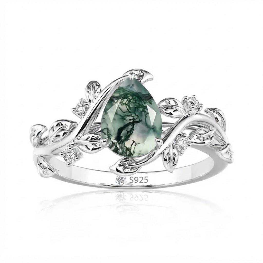 Jeulia Gothic Black Pear Shaped Moss Agate Engagement Ring