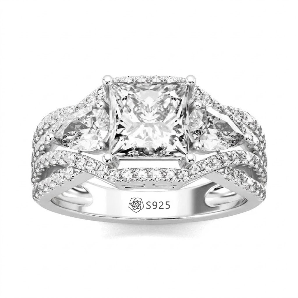 Halirose Three Stone Princess Cut Sterling Silver Ring