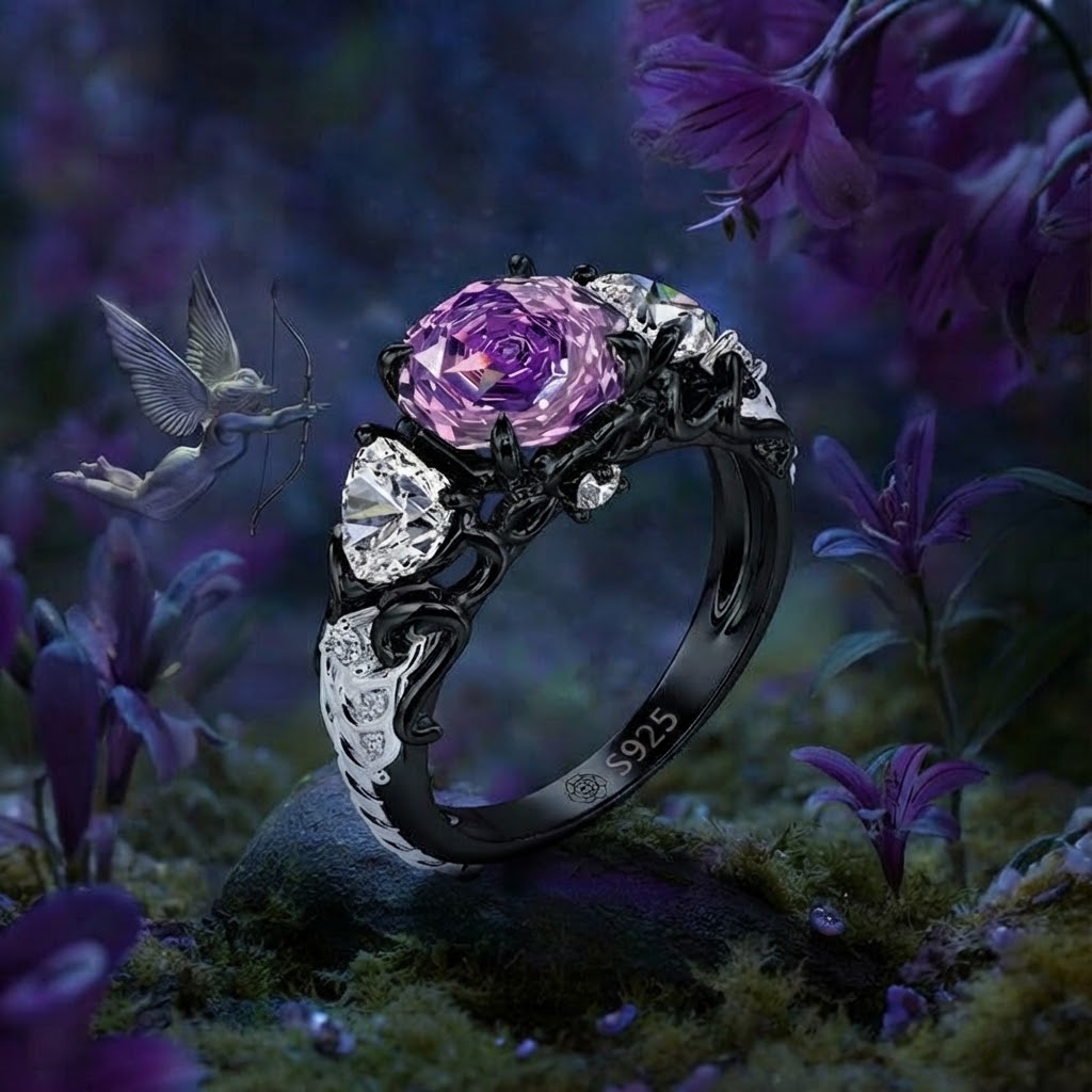 Jeulia Midsummer Night "Love-in-idleness" Three Stone Purple Rose Ring