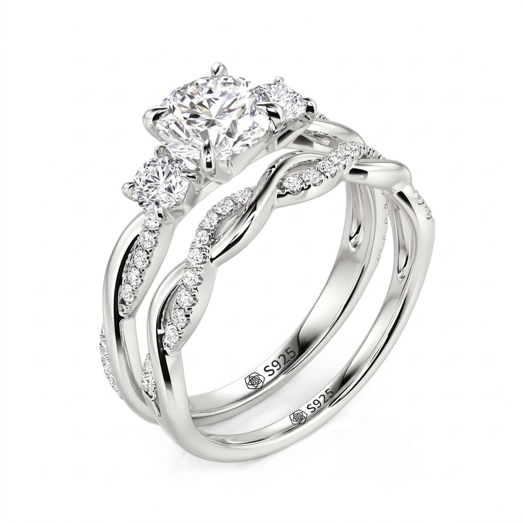 Jeulia Classic Twist Round Three-Stone Ring Set