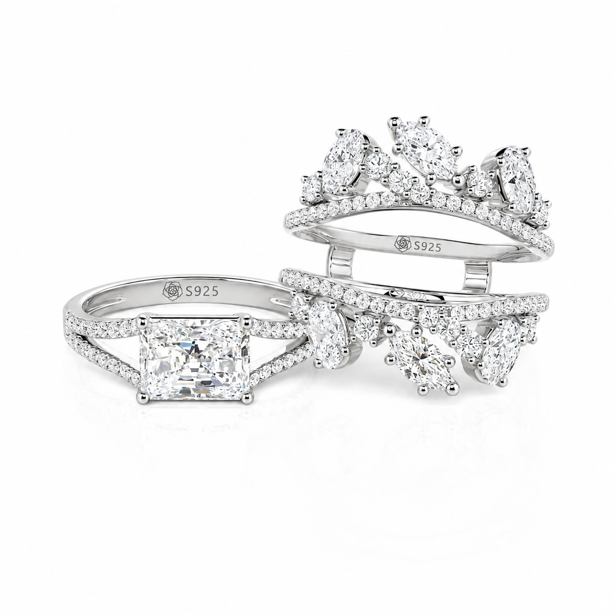Helirose East-West Radiant Cut Bridal Ring Set Sterling Silver