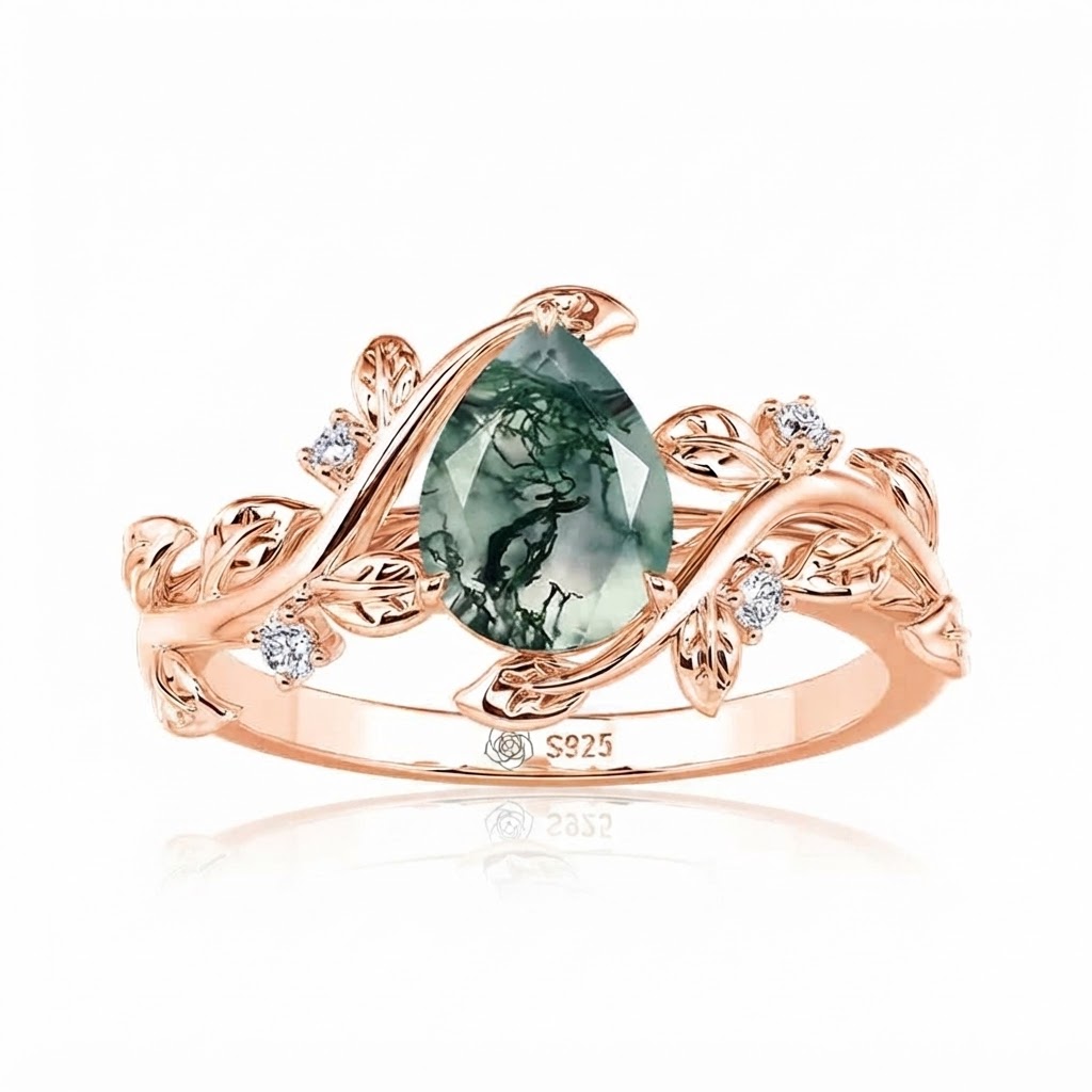 Jeulia Gothic Black Pear Shaped Moss Agate Engagement Ring