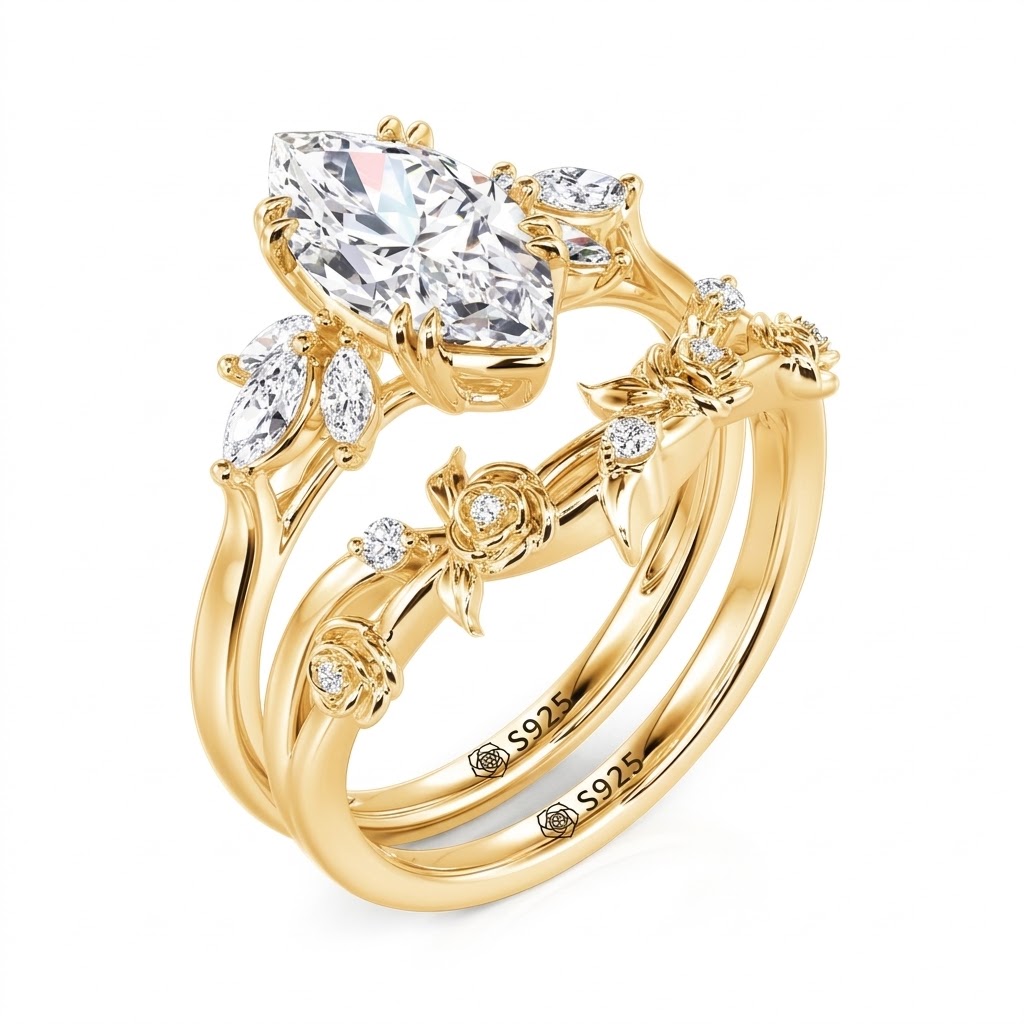 Jeulia Rose Wave Design Marquise Bridal Set 2PCS