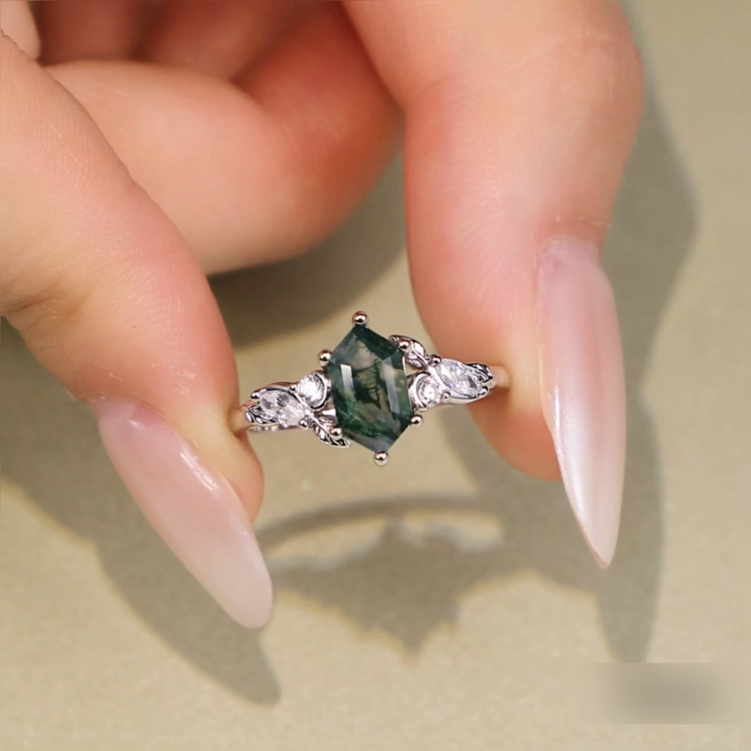 Helirose Hexagon Moss Agate Engagement Ring with Leaf Moon Accents