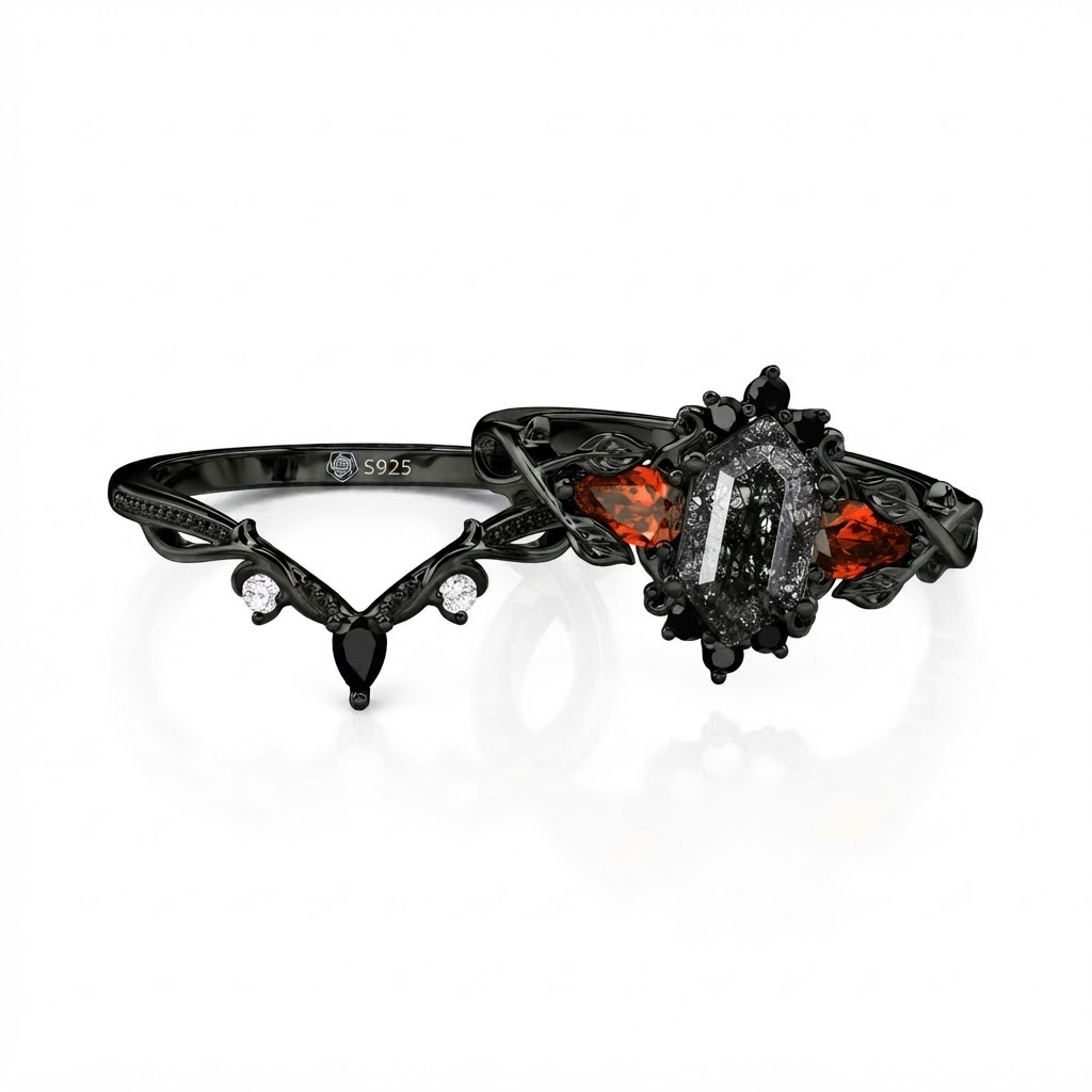 Jeulia Gothic Thorn Hexagon Black Rutilated Quartz Ring Set