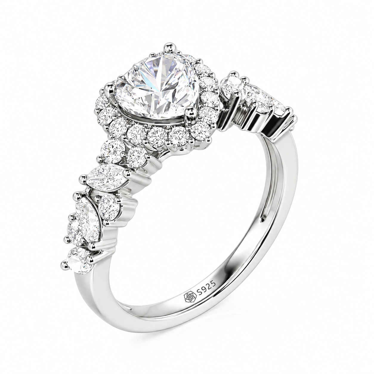 Helirose Halo Cluster Heart Engagement Ring with Eternity Band