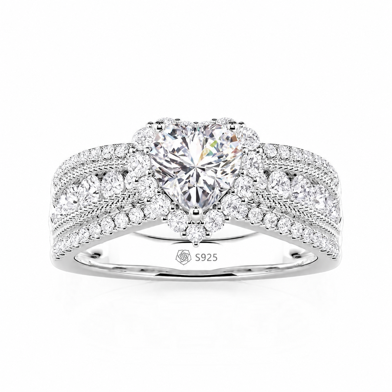 Helirose Vintage Heart Halo Three Row Pave Engagement Ring