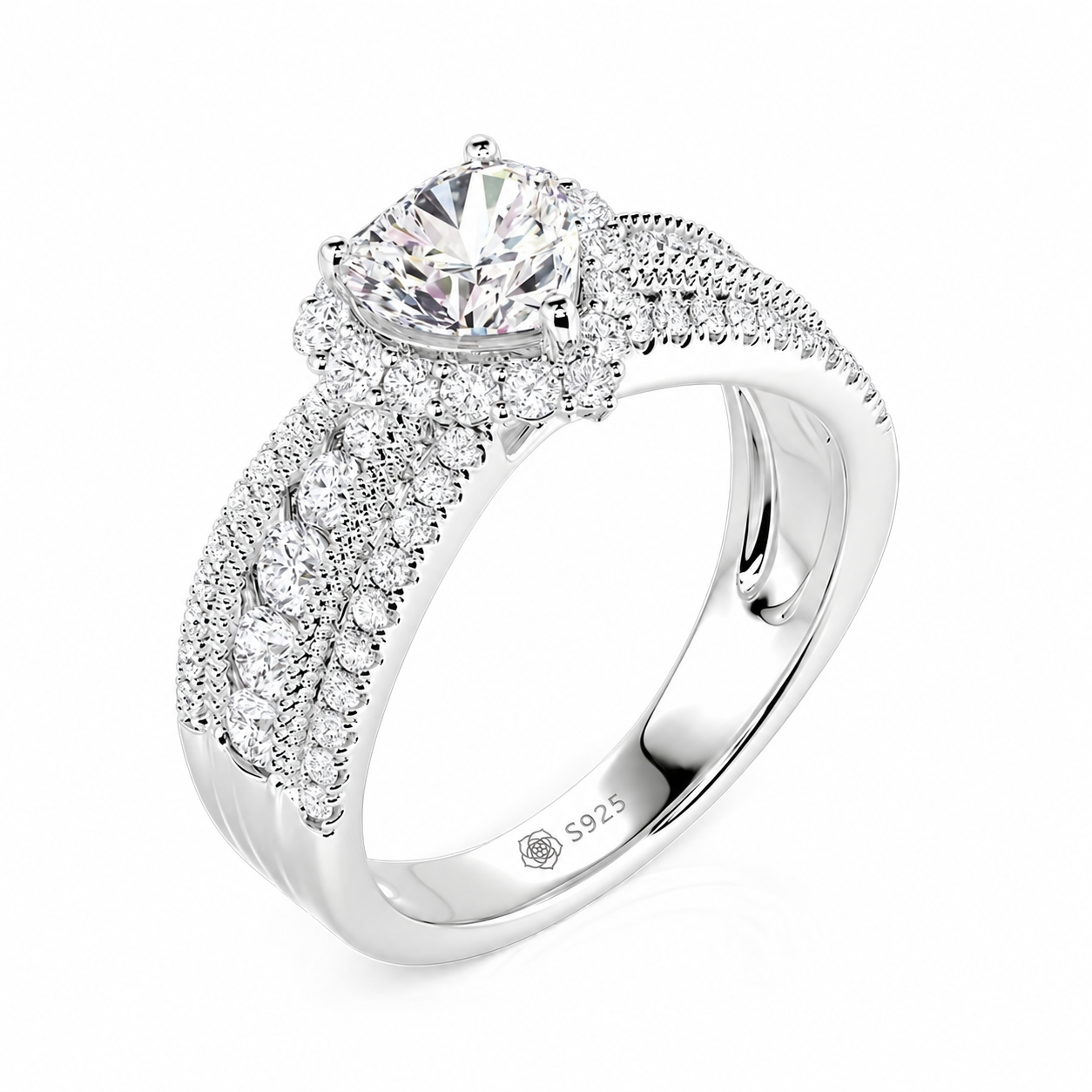 Helirose Vintage Heart Halo Three Row Pave Engagement Ring