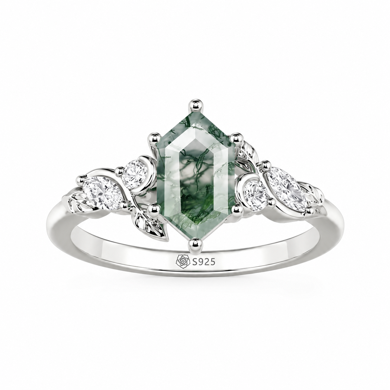 Helirose Hexagon Moss Agate Engagement Ring with Leaf Moon Accents