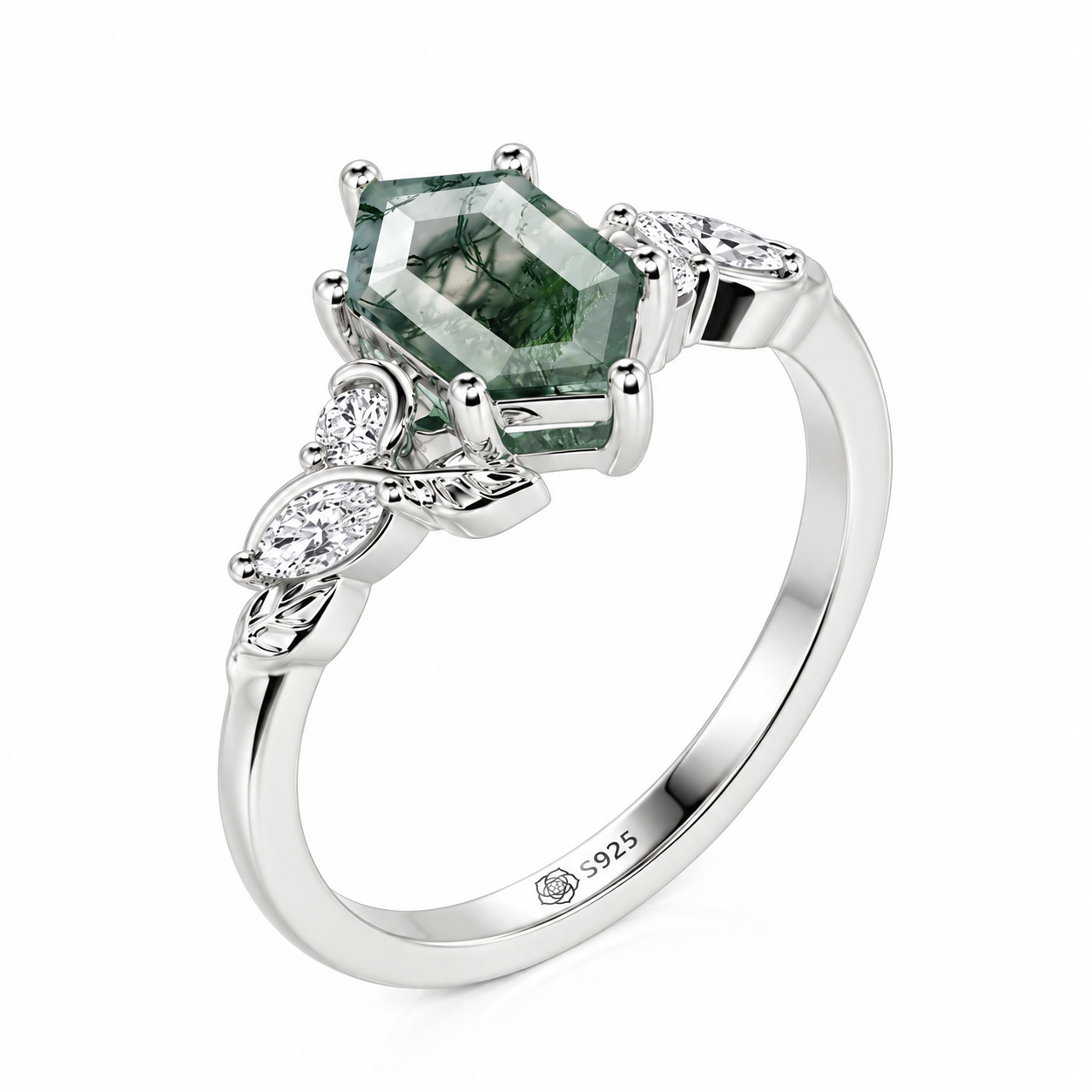 Helirose Hexagon Moss Agate Engagement Ring with Leaf Moon Accents