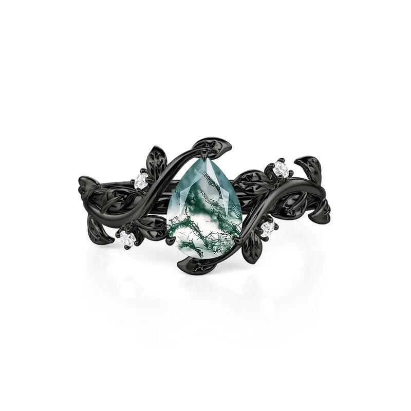Jeulia Gothic Black Pear Shaped Moss Agate Engagement Ring