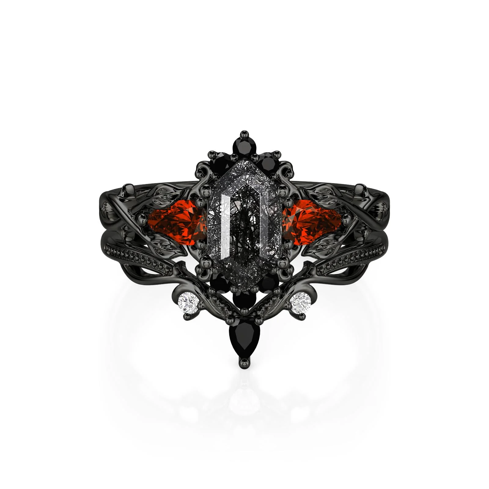 Jeulia Gothic Thorn Hexagon Black Rutilated Quartz Ring Set