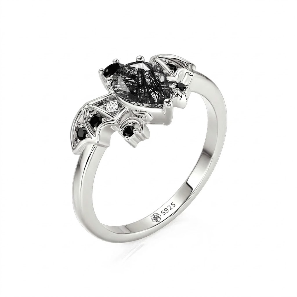 Halirose Gothic Black Rutilated Quartz Bat Ring Sterling Silver